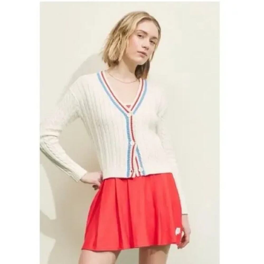 Prince White Cable Knit Striped Long Sleeve Button Up Cardigan Sweater Top XS